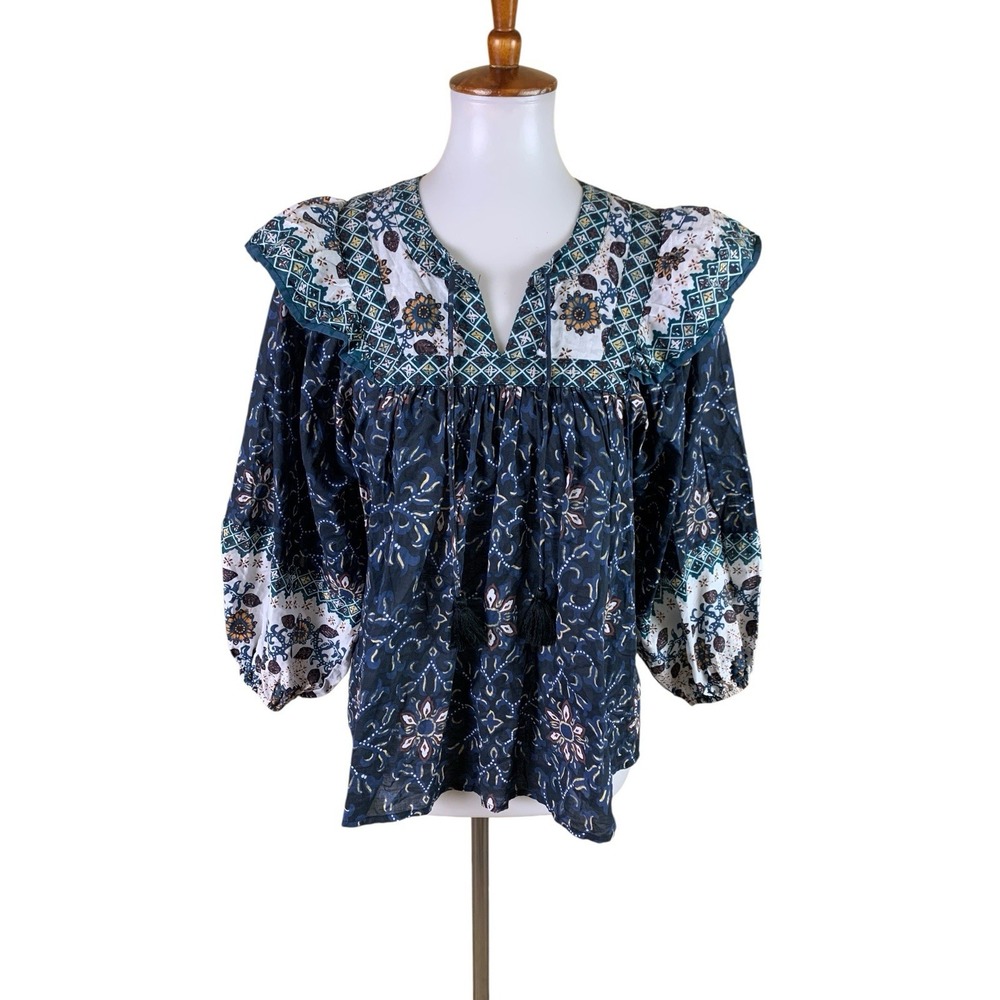 Cleobella XS Boho Floral Blouse Ruffle Collar Balloon Sleeve Cottagecore